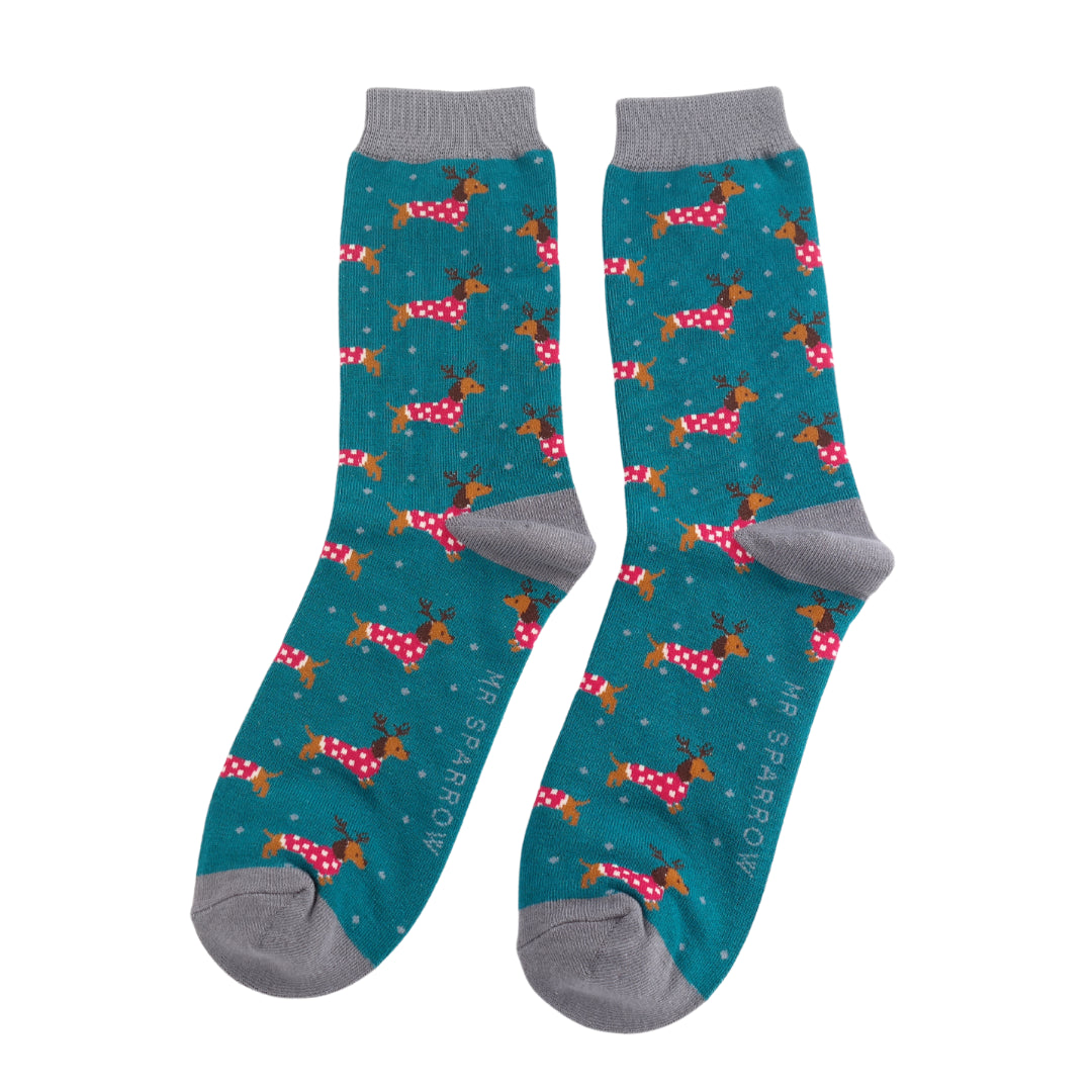 Mens Bamboo Xmas Sausage Dogs Teal image 0