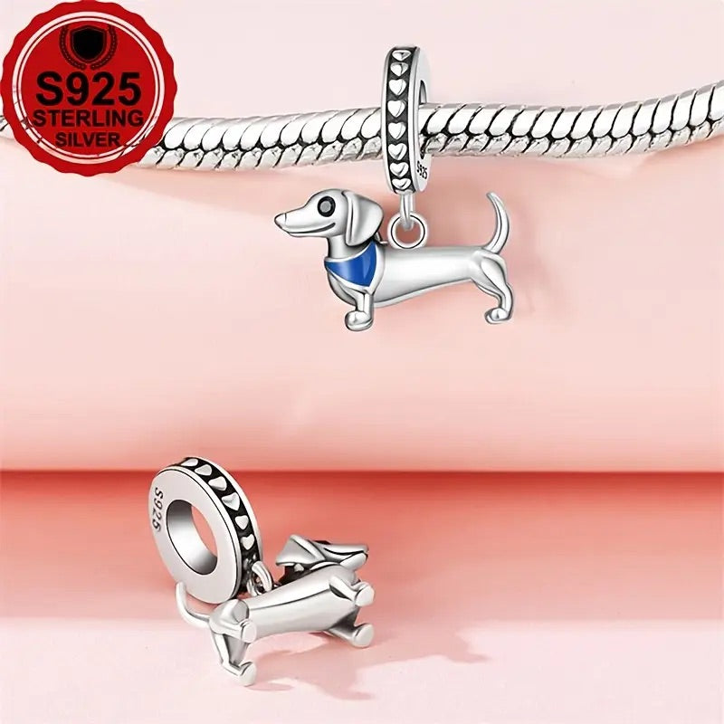 New Dachshund with Blue Bandana Charm - 925 Sterling Silver