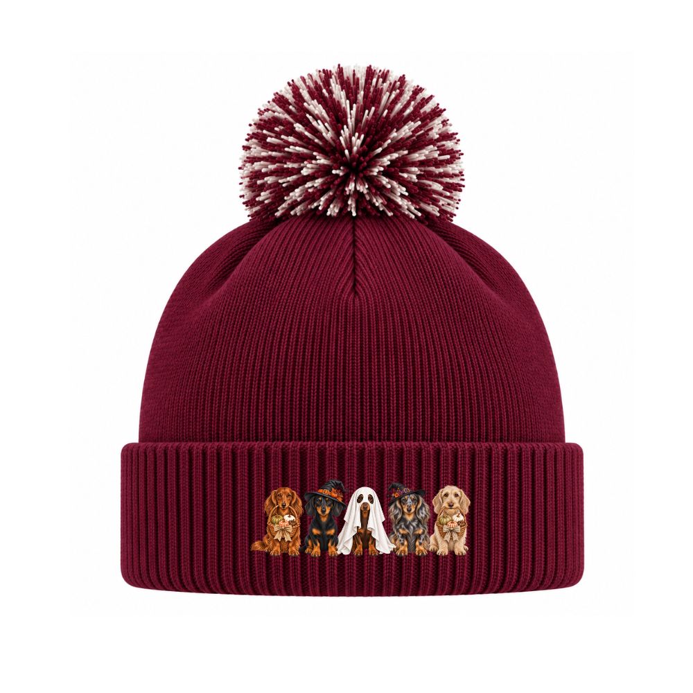 π Burgundy/Off White Dachshund Halloween Crew Bobble Hat β 3 or 5 Dog Design πΎ