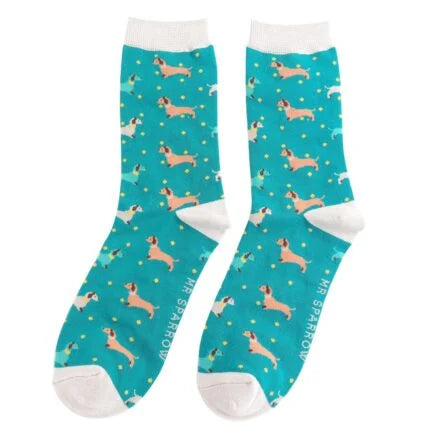 Mens Bamboo Sausage Dog & Spots Socks Teal image 0