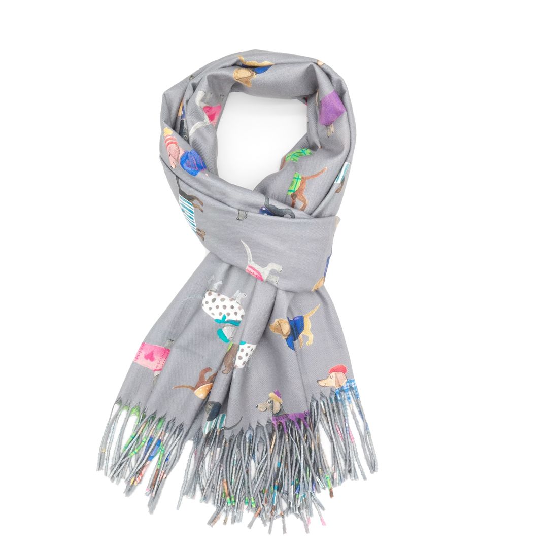Sausage Dogs Scarf in Grey - Bright Multi Coloured Medium Weight