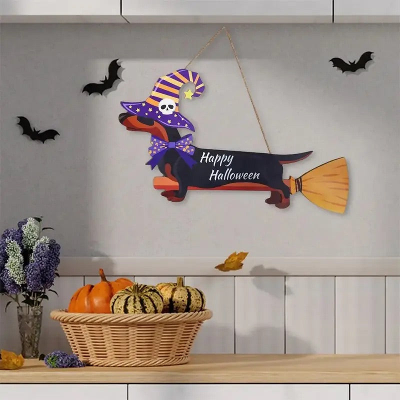 Halloween Flying Dachshund on Broom Hanging Sign Decoration