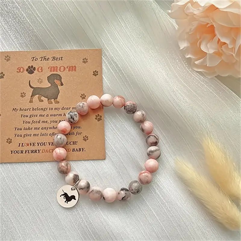 Dachshund Dog Mom Pink Zebra Stone Beaded Bracelet