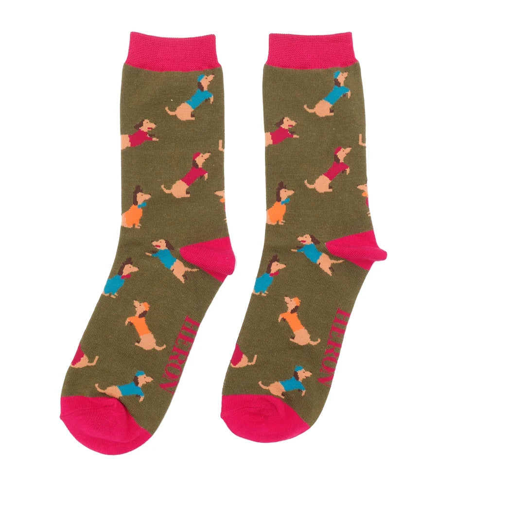 Mens Bamboo Sausage Dog Pals Socks Dark Olive image 0