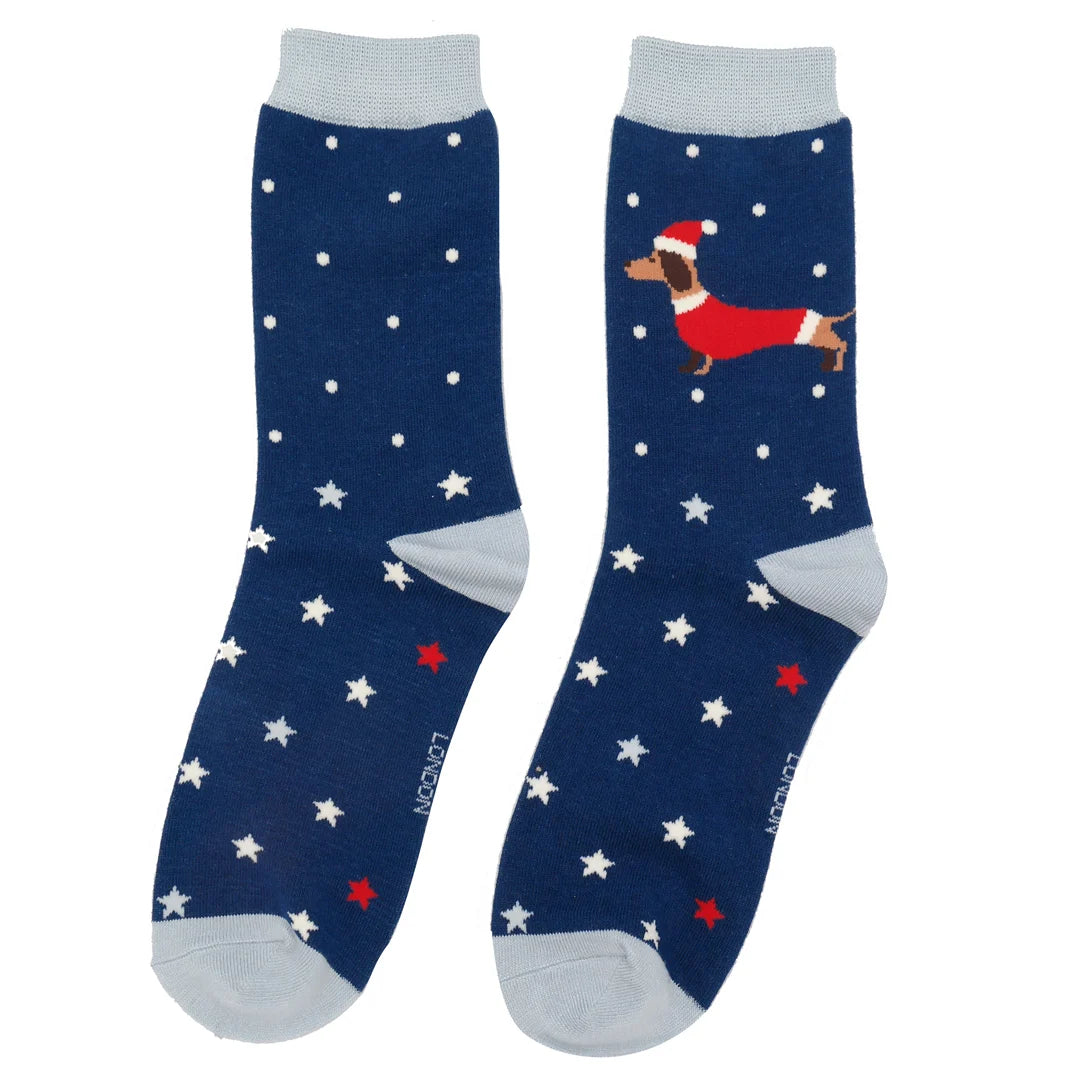 Ladies Bamboo Festive Sausage Dogs Socks Navy image 0