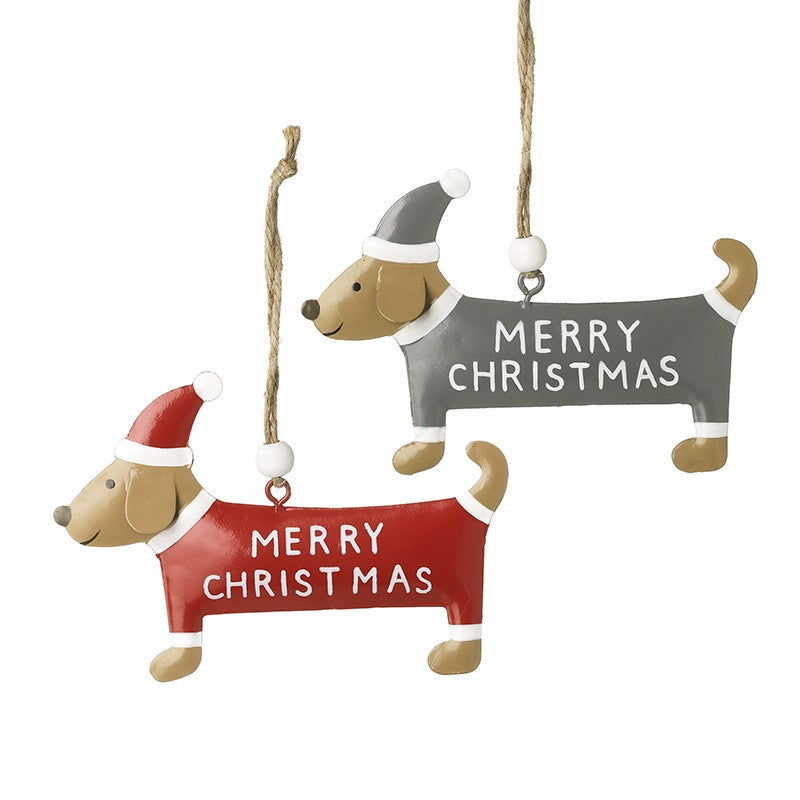 Christmas Sausage Dog Hanging Decorations – Set of 2 (Red & Grey)