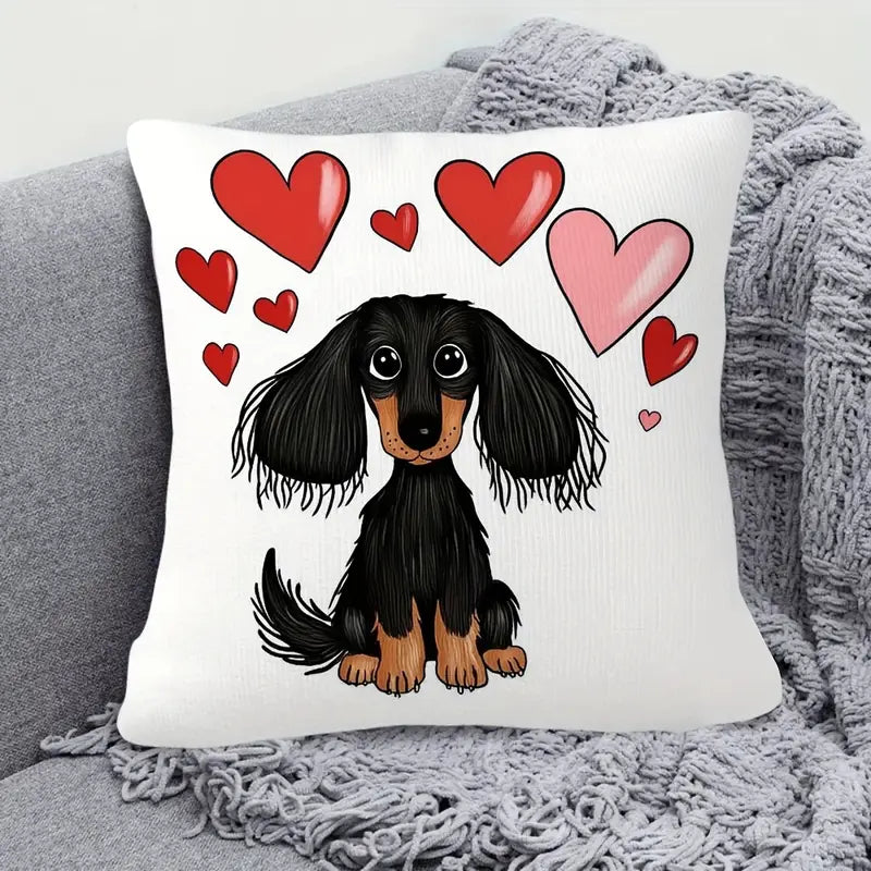 Black & Tan Long Hair Dachshund & Hearts Cushion Cover