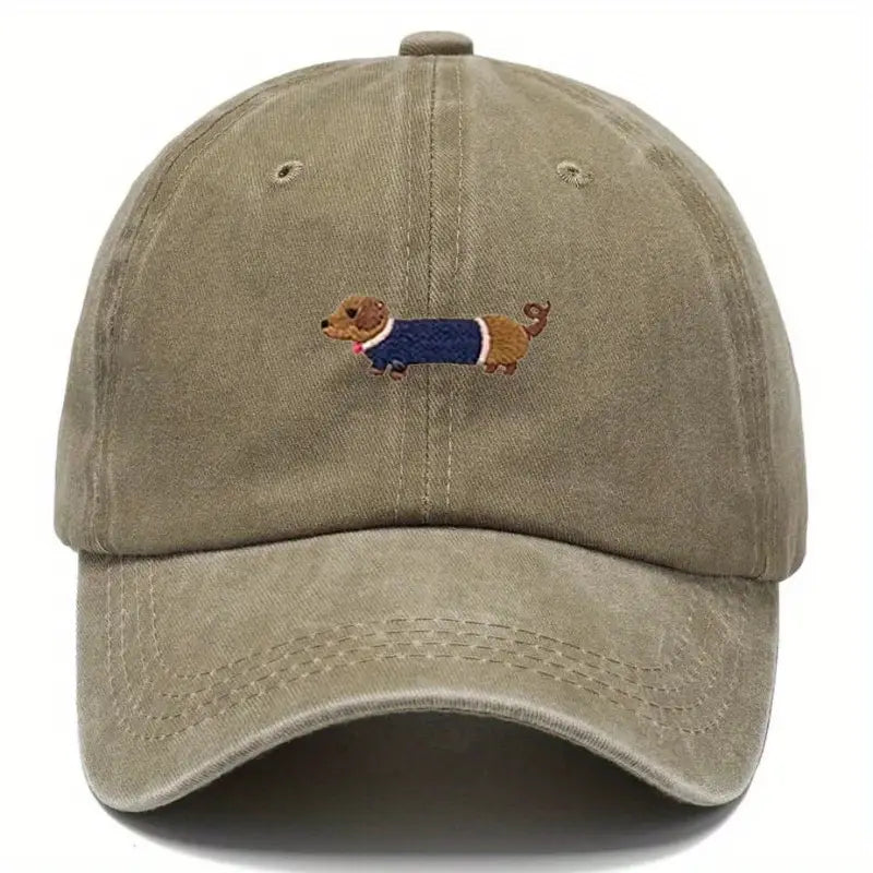 Khaki Unisex Dachshund Baseball Hat Coloured Embroidery