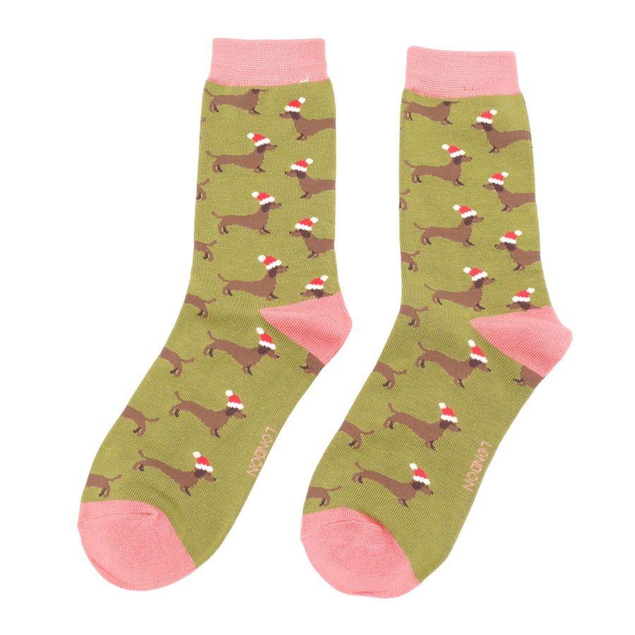 Ladies Bamboo Sausage Dogs Santa Socks Olive image 0