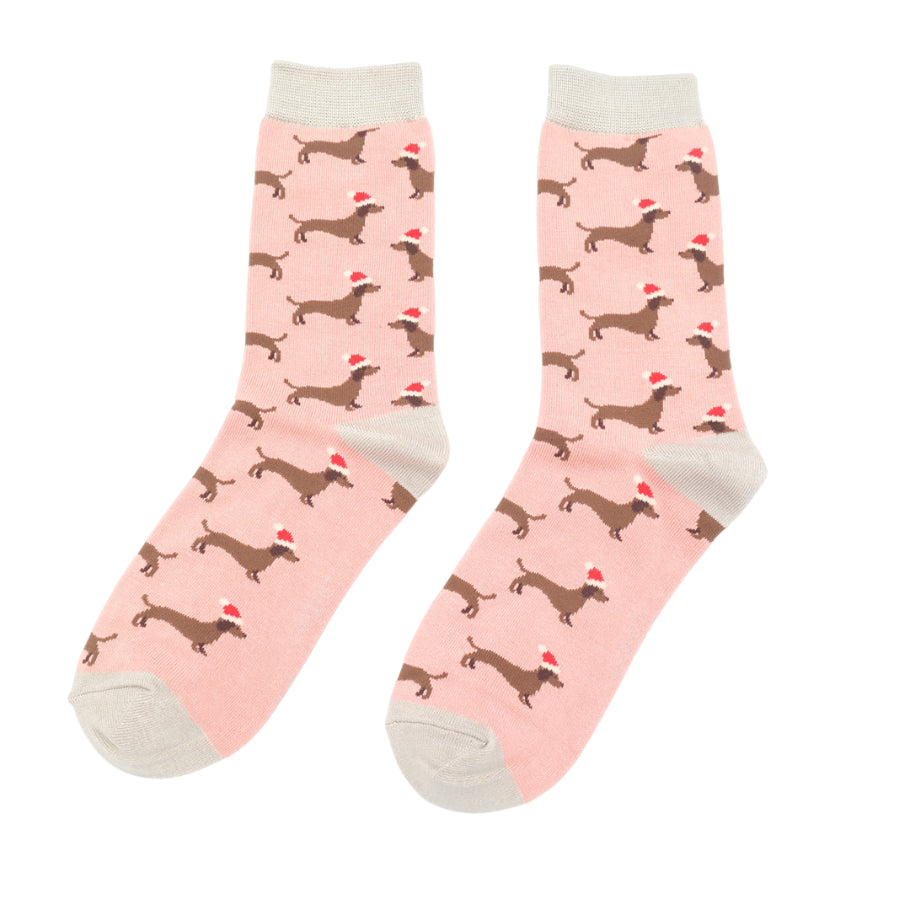 Ladies Bamboo Sausage Dogs Santa Socks Dusky Pink image 0