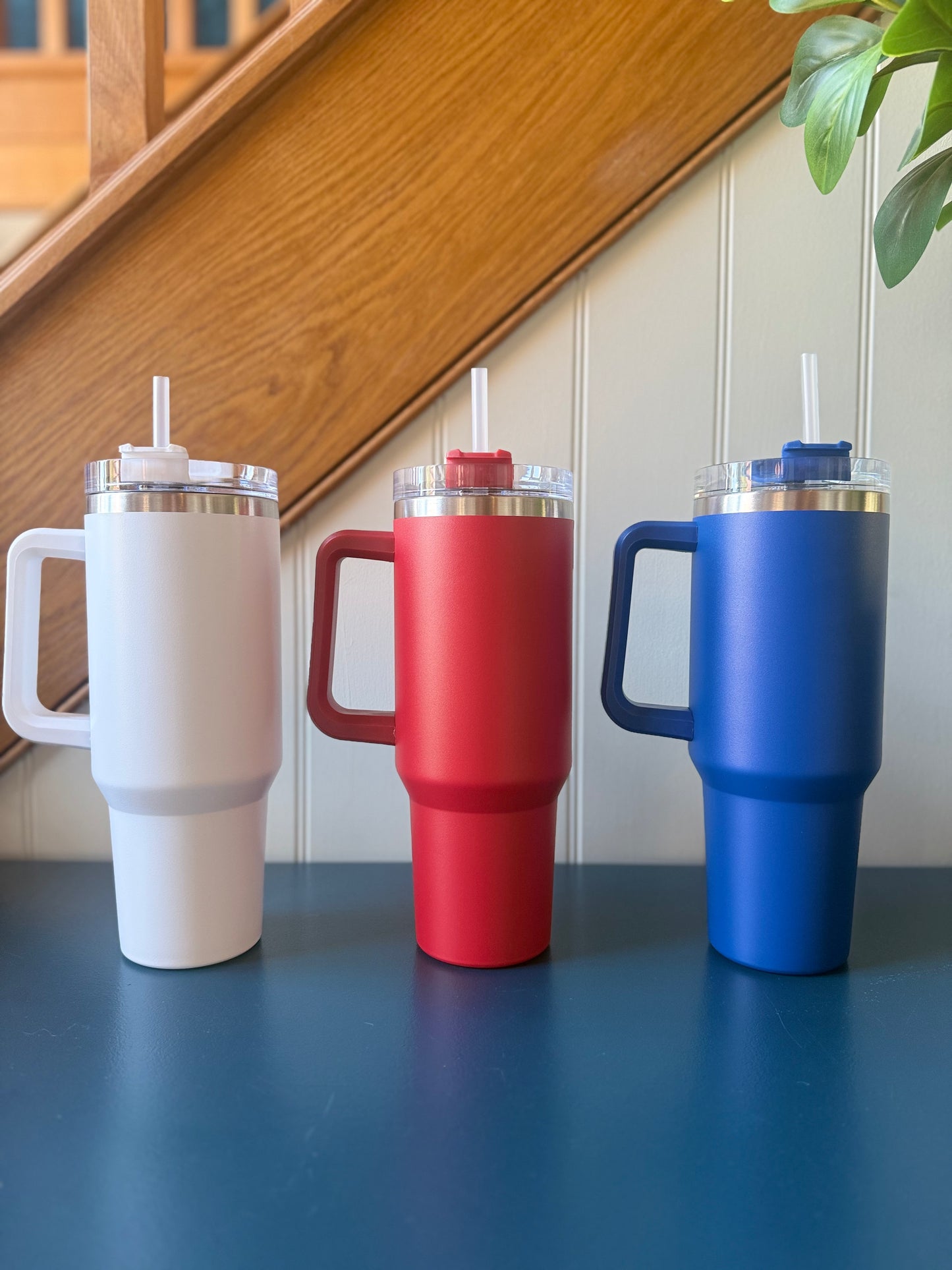 Red 40oz Stainless Steel Insulated Cup with Handle & Straw - Choice of Logos