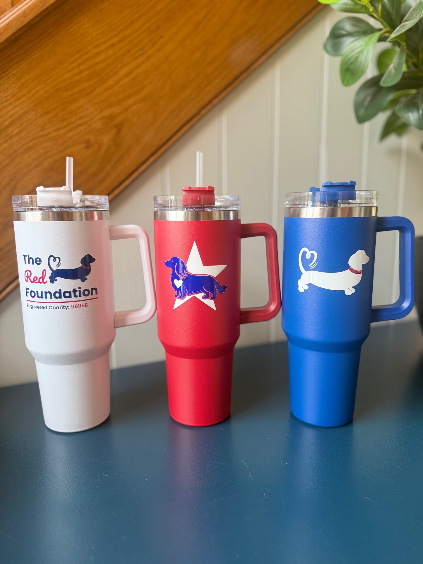 Red 40oz Stainless Steel Insulated Cup with Handle & Straw - Choice of Logos