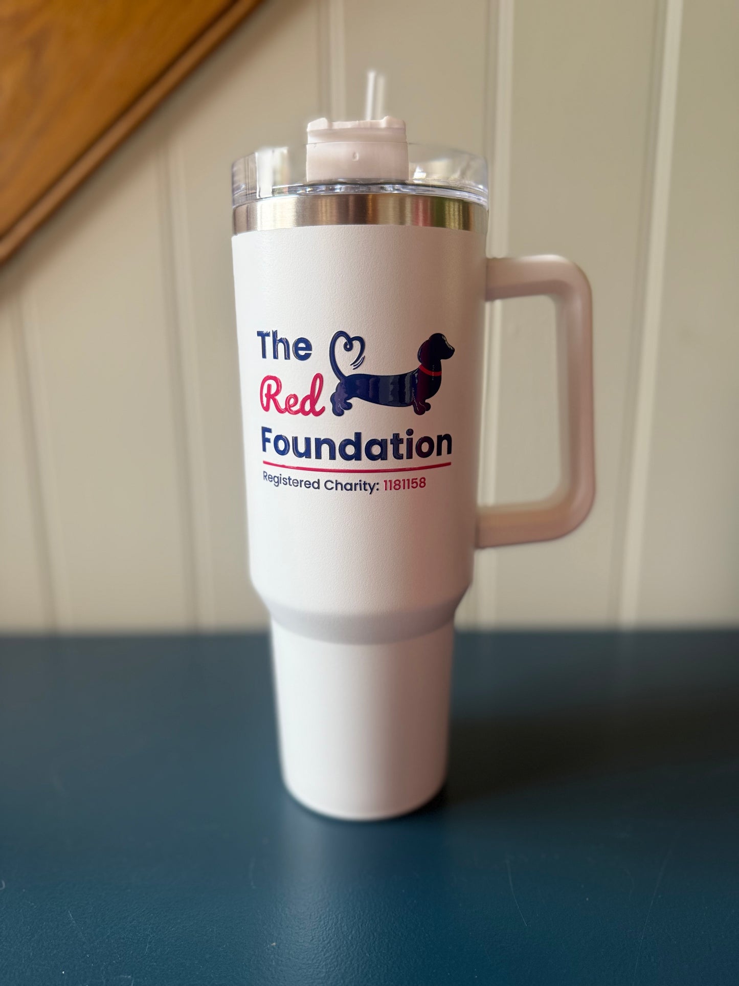 White 40oz Stainless Steel Insulated Cup with Handle & Straw - Choice of Logos