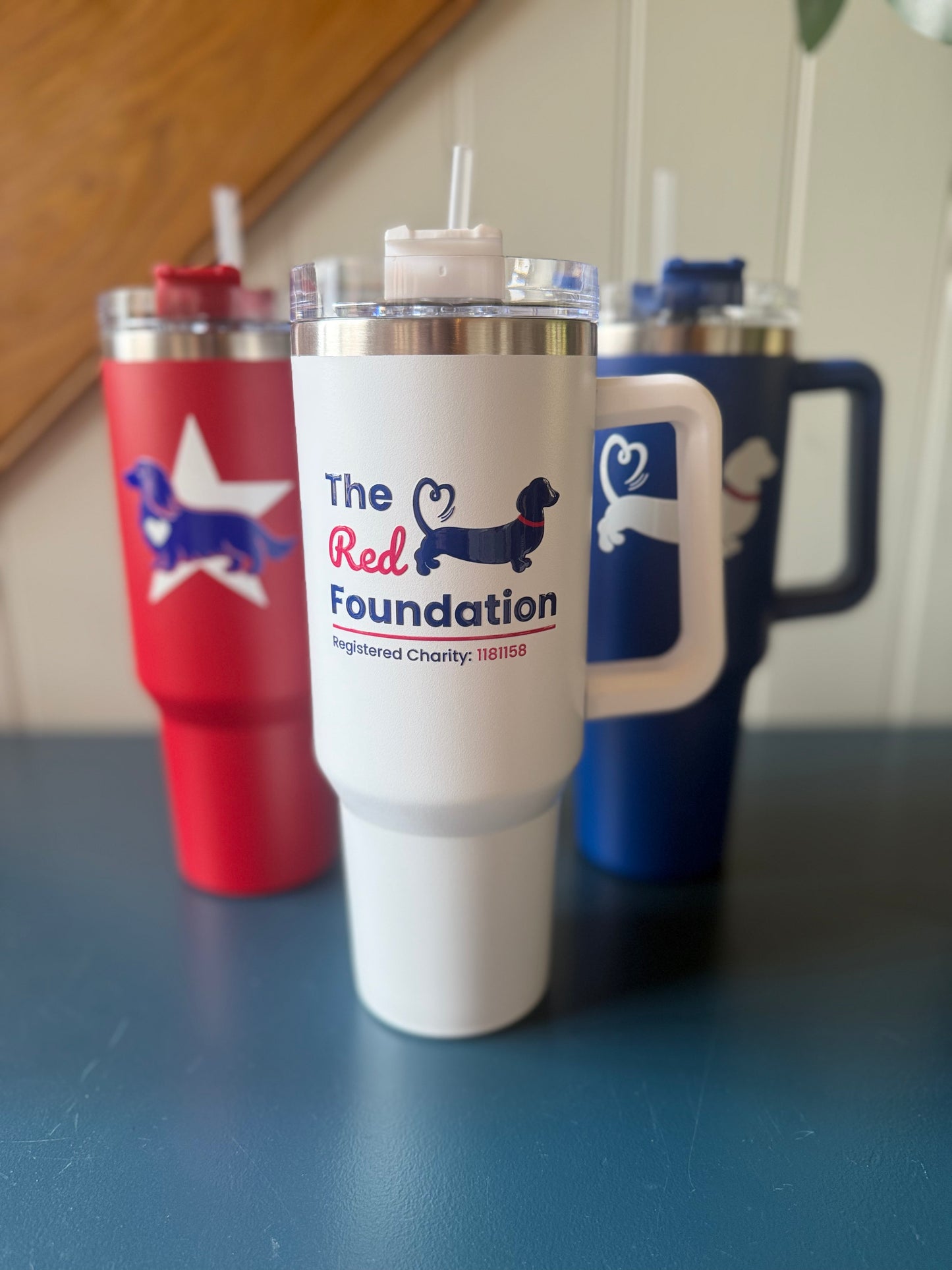 White 40oz Stainless Steel Insulated Cup with Handle & Straw - Choice of Logos