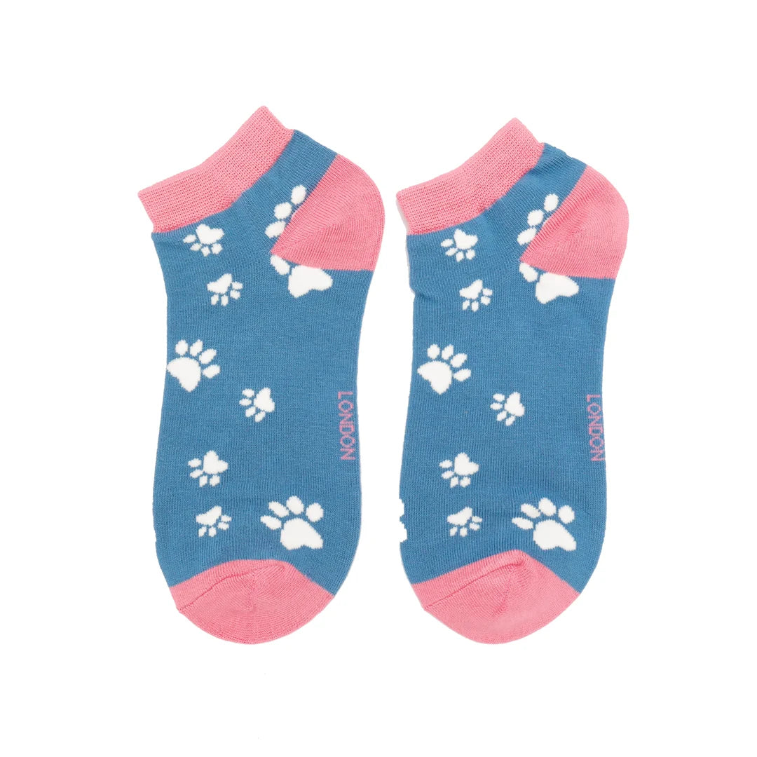 Ladies Bamboo Paw Prints Trainer Socks Denim