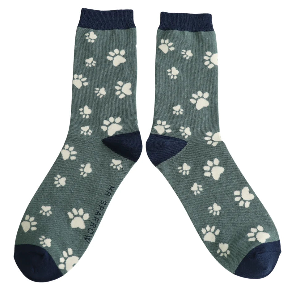 Mens Bamboo Paw Prints Socks - Green