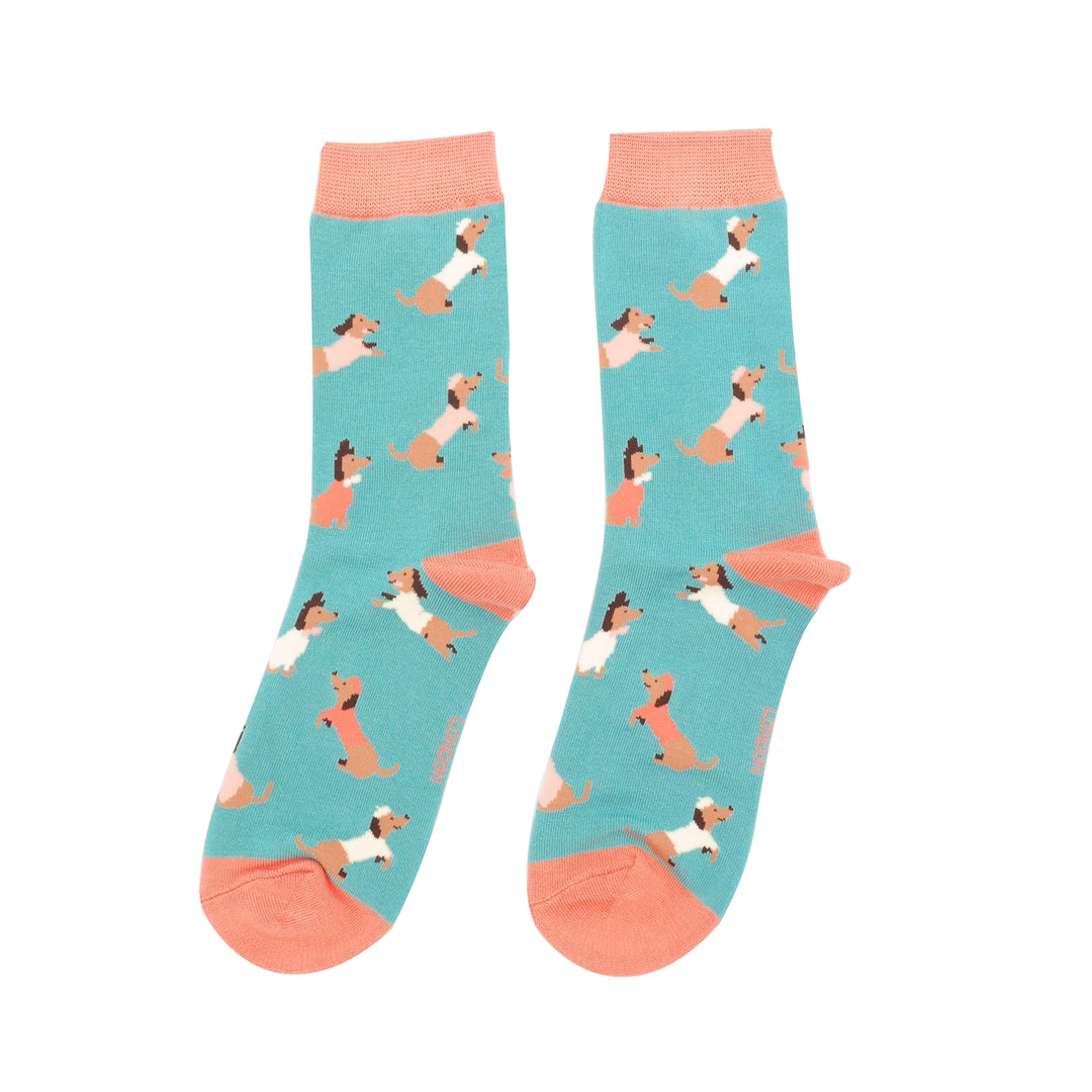 Ladies Bamboo Sausage Dog Pals Socks Duck Egg Blue