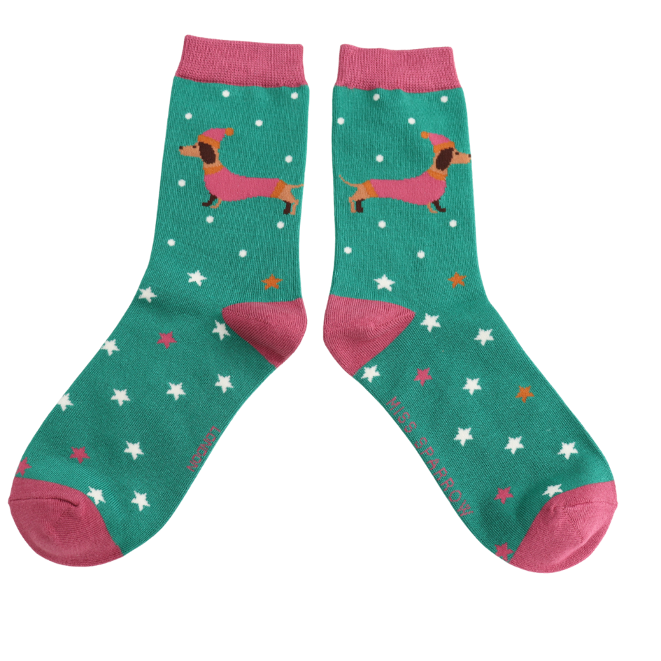 Ladies Bamboo Festive Sausage Dogs Socks Green