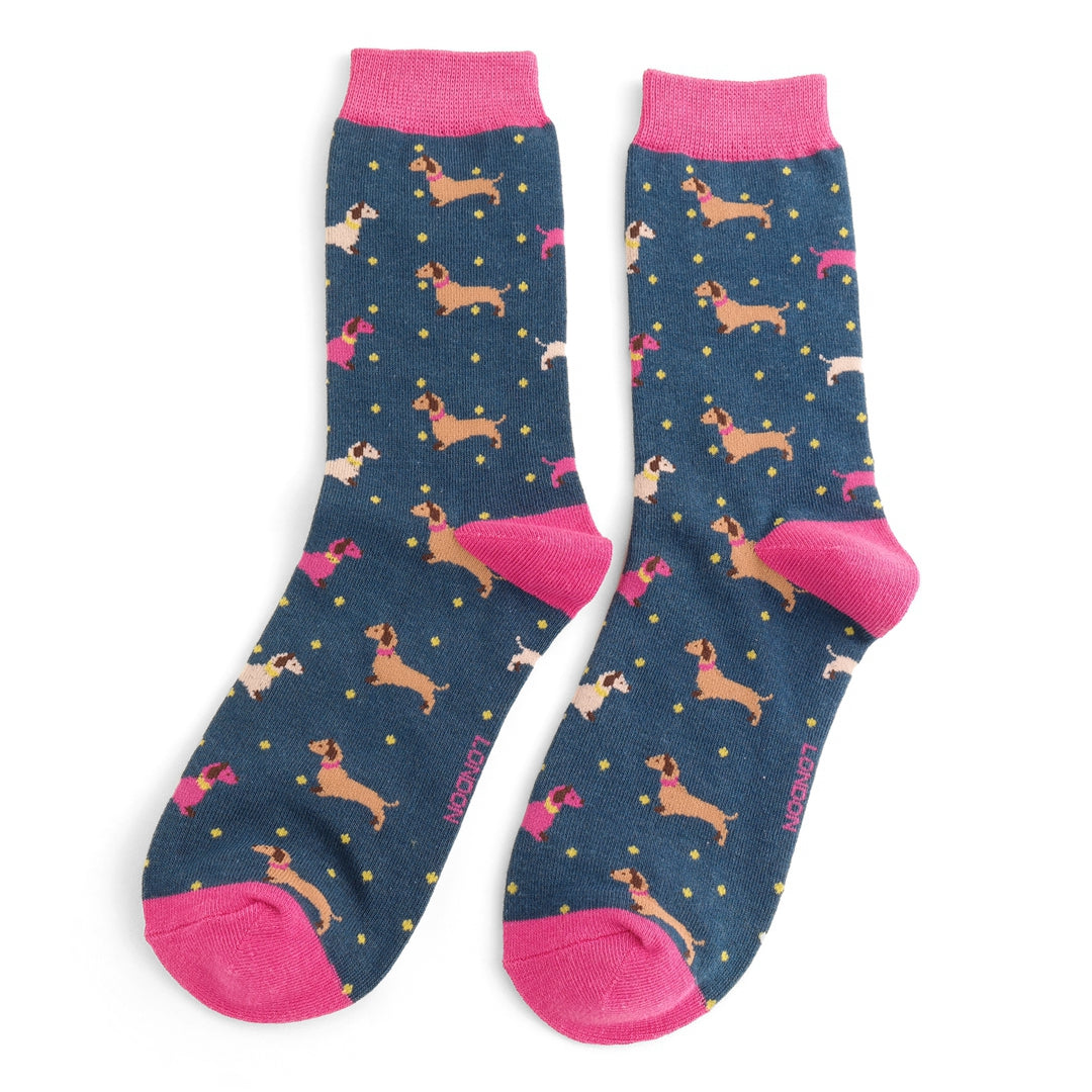 Ladies Bamboo Sausage Dog & Spots Socks Navy