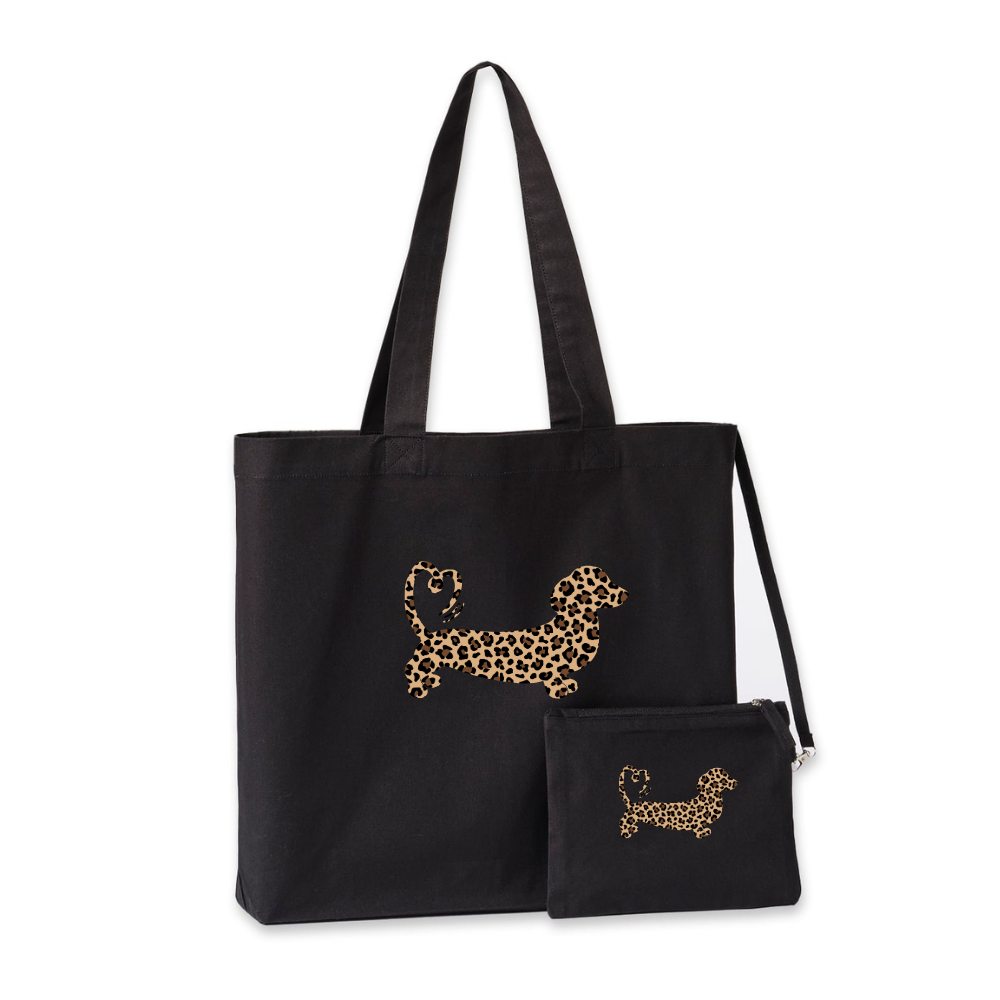 Leopard Print Dachshund Cruise Recycled Tote & Detachable Purse โ Black