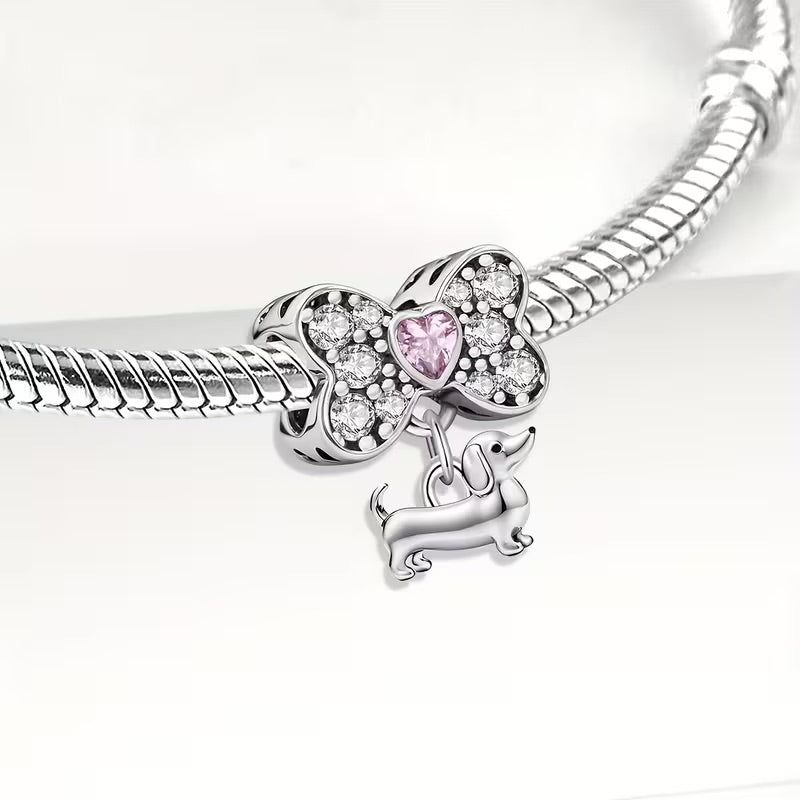 Dachshund & Bone Charm with Stone Detail 925 Silver Plated