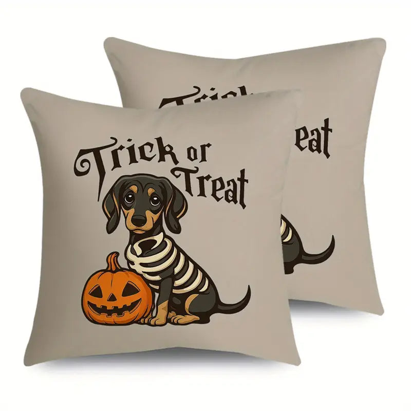 Halloween Skeleton Dachshund with Pumpkin Lantern Cushion Cover