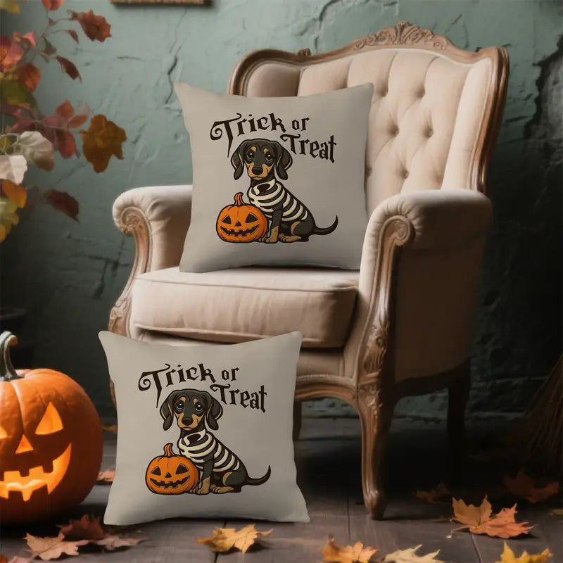 Halloween Skeleton Dachshund with Pumpkin Lantern Cushion Cover