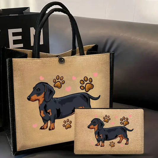 Black & Tan with Paws Tote Bag and Matching Small Bag