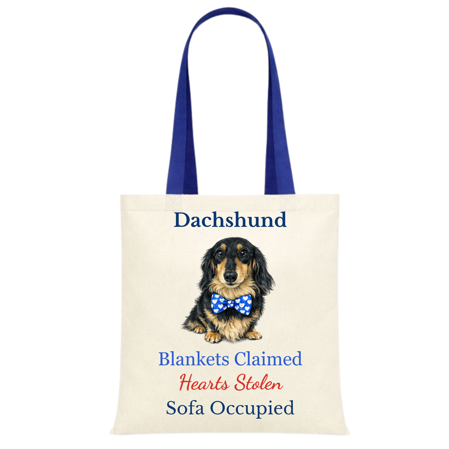 Blankets Claimed, Hearts Stolen, Sofa Occupied Blue Handle Personalised Dachshund Tote Bag - 22 options to choose from