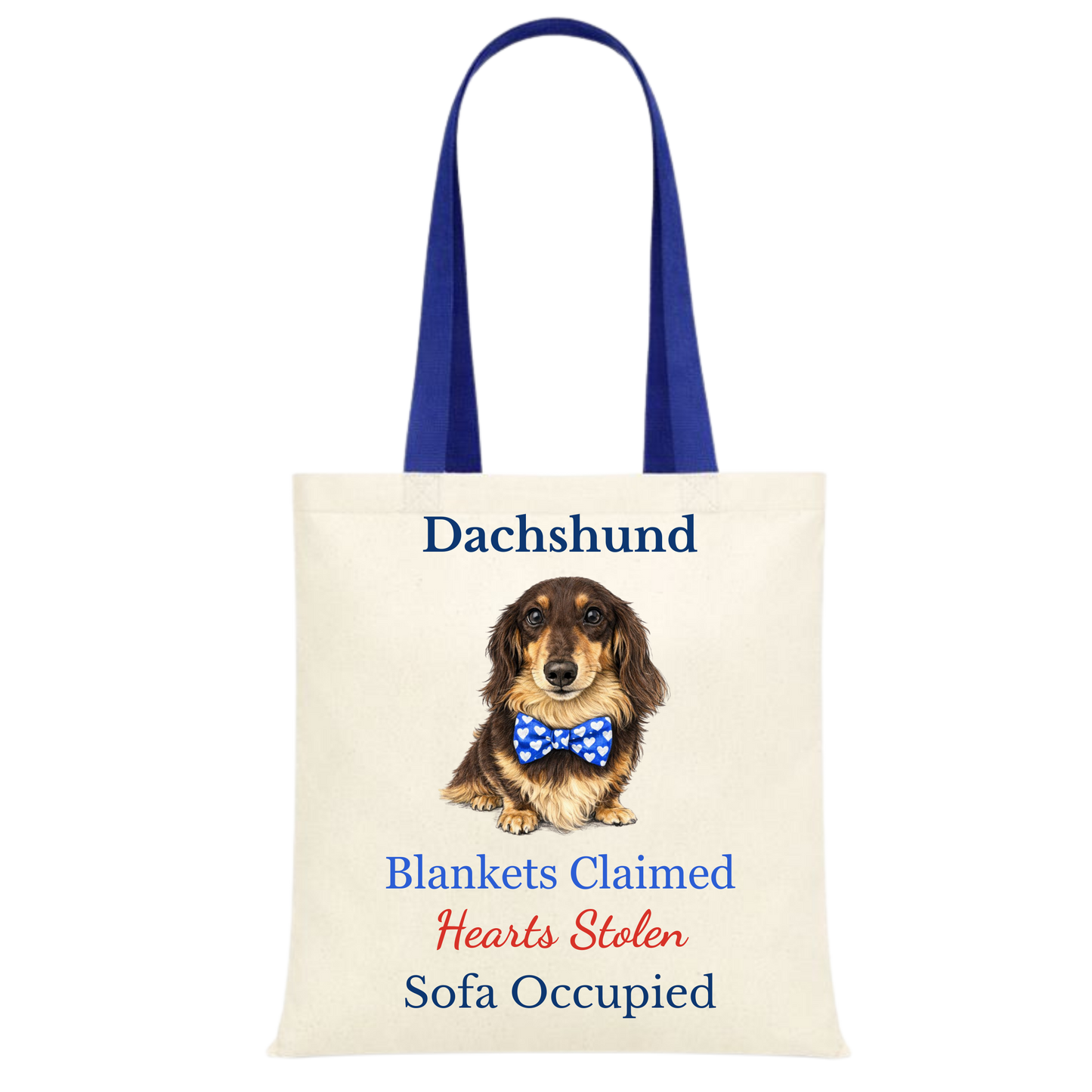 Blankets Claimed, Hearts Stolen, Sofa Occupied Blue Handle Personalised Dachshund Tote Bag - 22 options to choose from