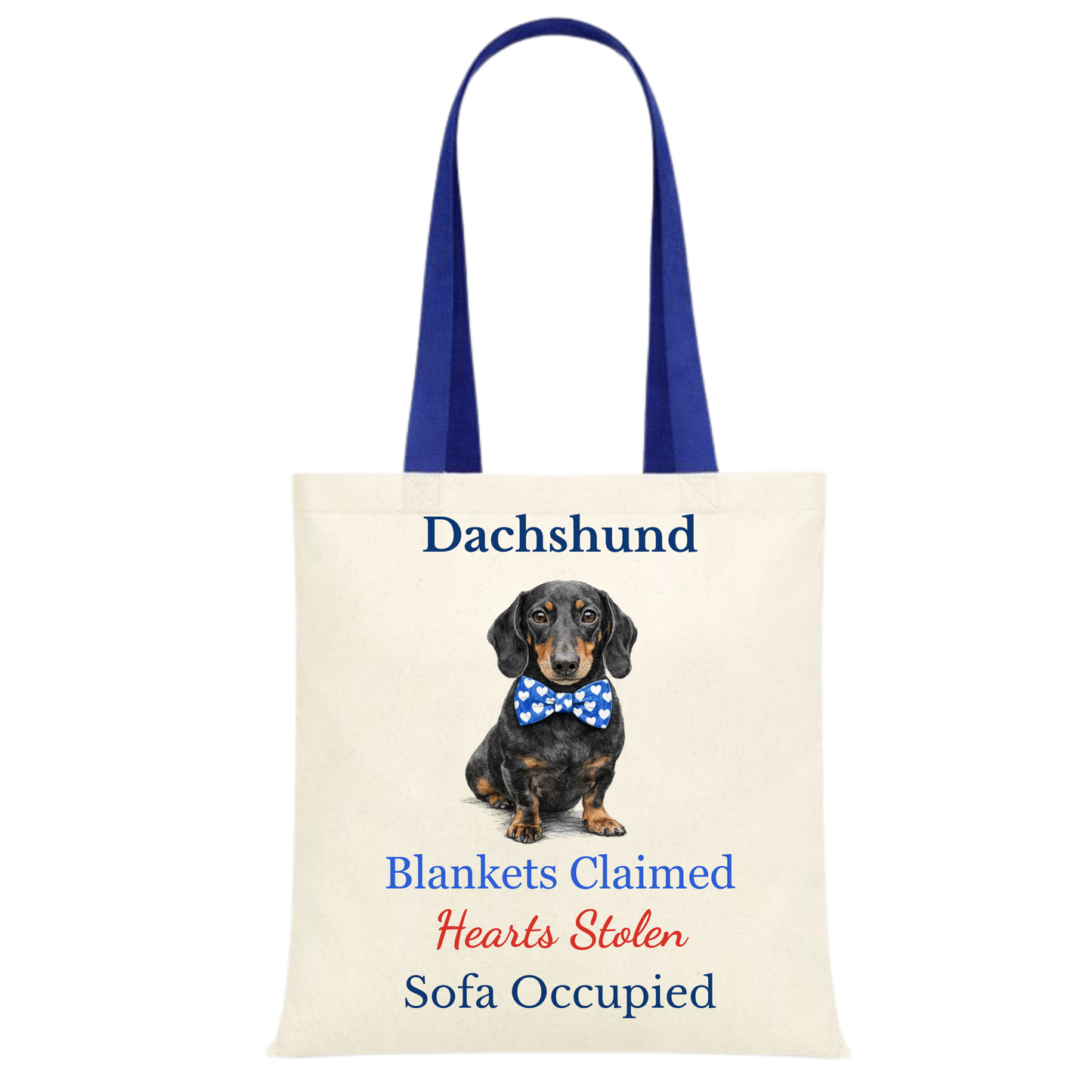 Blankets Claimed, Hearts Stolen, Sofa Occupied Blue Handle Personalised Dachshund Tote Bag - 22 options to choose from
