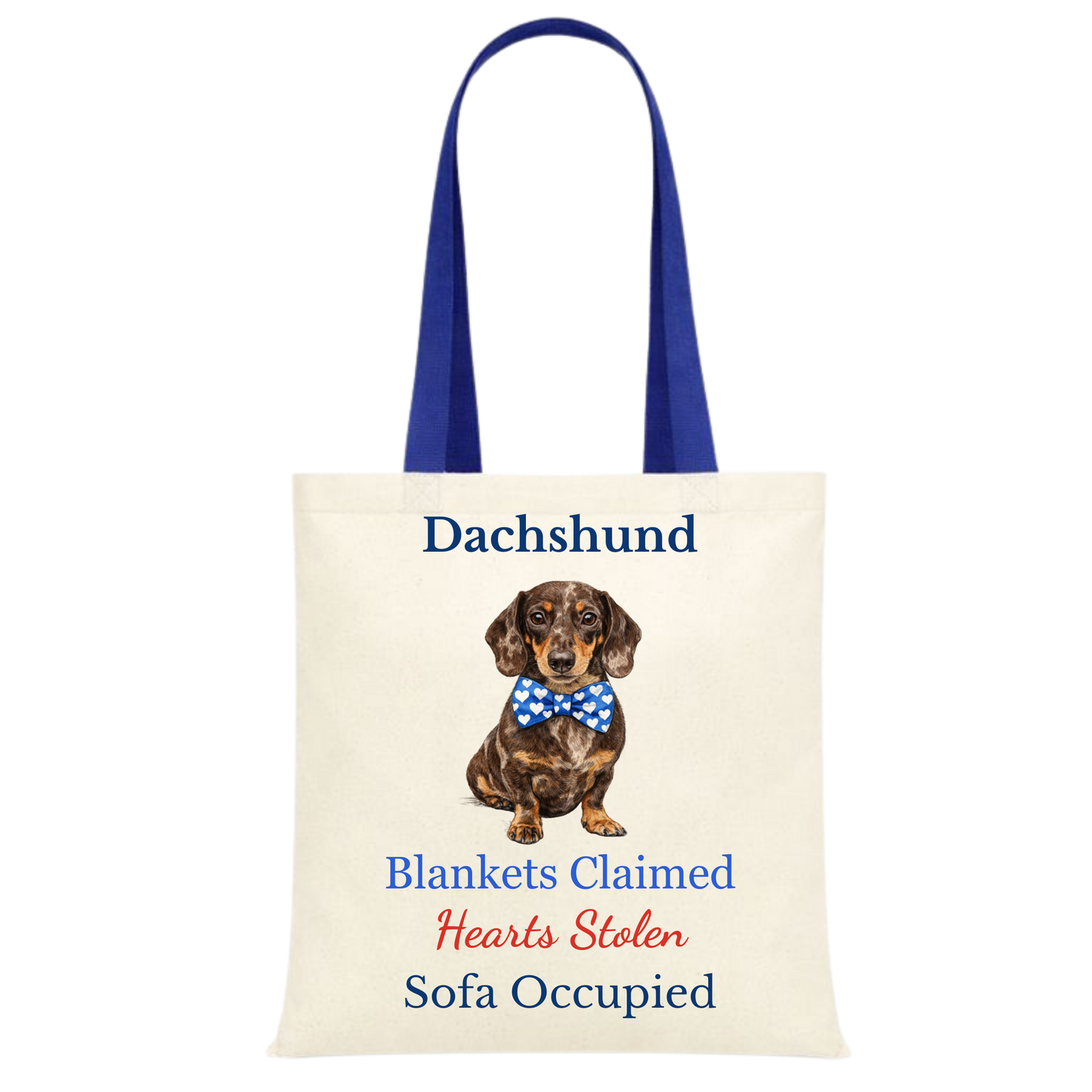 Blankets Claimed, Hearts Stolen, Sofa Occupied Blue Handle Personalised Dachshund Tote Bag - 22 options to choose from