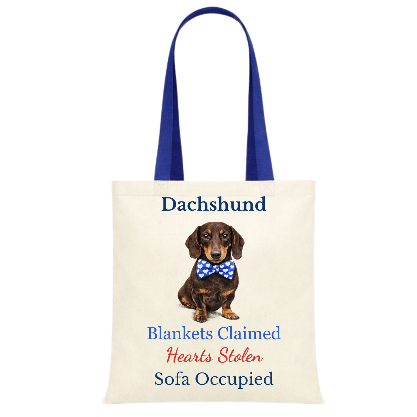 Blankets Claimed, Hearts Stolen, Sofa Occupied Blue Handle Personalised Dachshund Tote Bag - 22 options to choose from