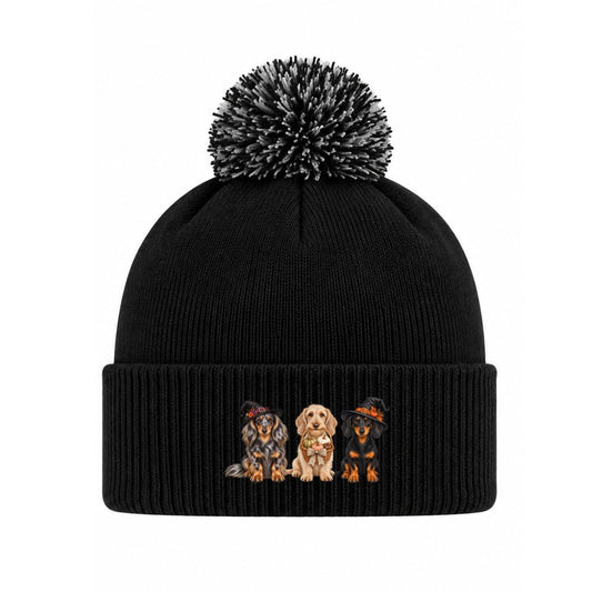 🎃 Black/Graphite Grey Dachshund Halloween Crew Bobble Hat – 3 or 5 Dog Design 🐾