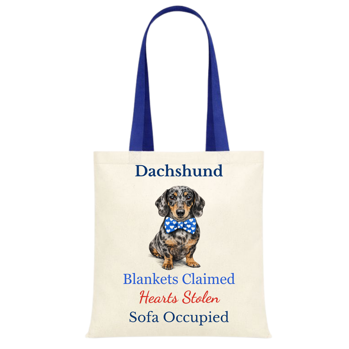 Blankets Claimed, Hearts Stolen, Sofa Occupied Blue Handle Personalised Dachshund Tote Bag - 22 options to choose from