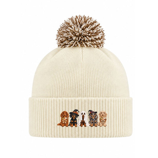 🎃 Off White/Mocha Dachshund Halloween Crew Bobble Hat – 3 or 5 Dog Design 🐾