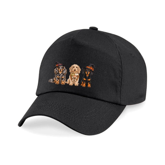 🎃 Black Dachshund Halloween Crew Baseball Cap – 3 Dog Design 🐾
