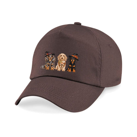 🎃 Chocolate Dachshund Halloween Crew Baseball Cap – 3 Dog Design 🐾