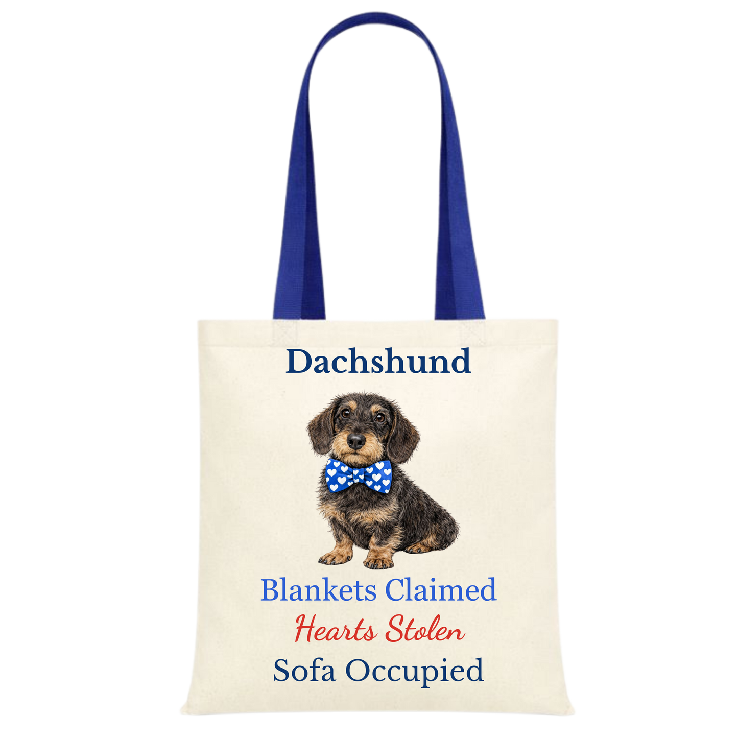 Blankets Claimed, Hearts Stolen, Sofa Occupied Blue Handle Personalised Dachshund Tote Bag - 22 options to choose from