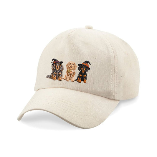 🎃 Natural Dachshund Halloween Crew Baseball Cap – 3 Dog Design 🐾