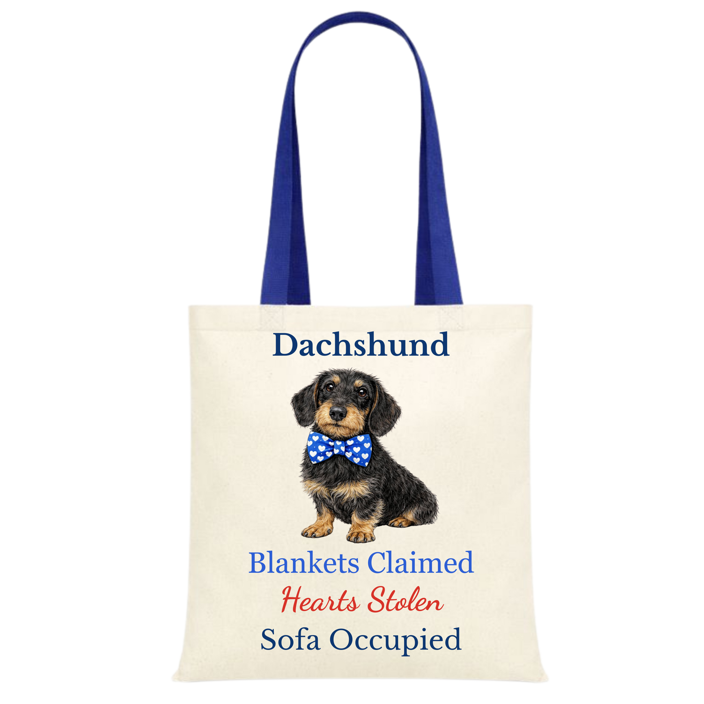 Blankets Claimed, Hearts Stolen, Sofa Occupied Blue Handle Personalised Dachshund Tote Bag - 22 options to choose from