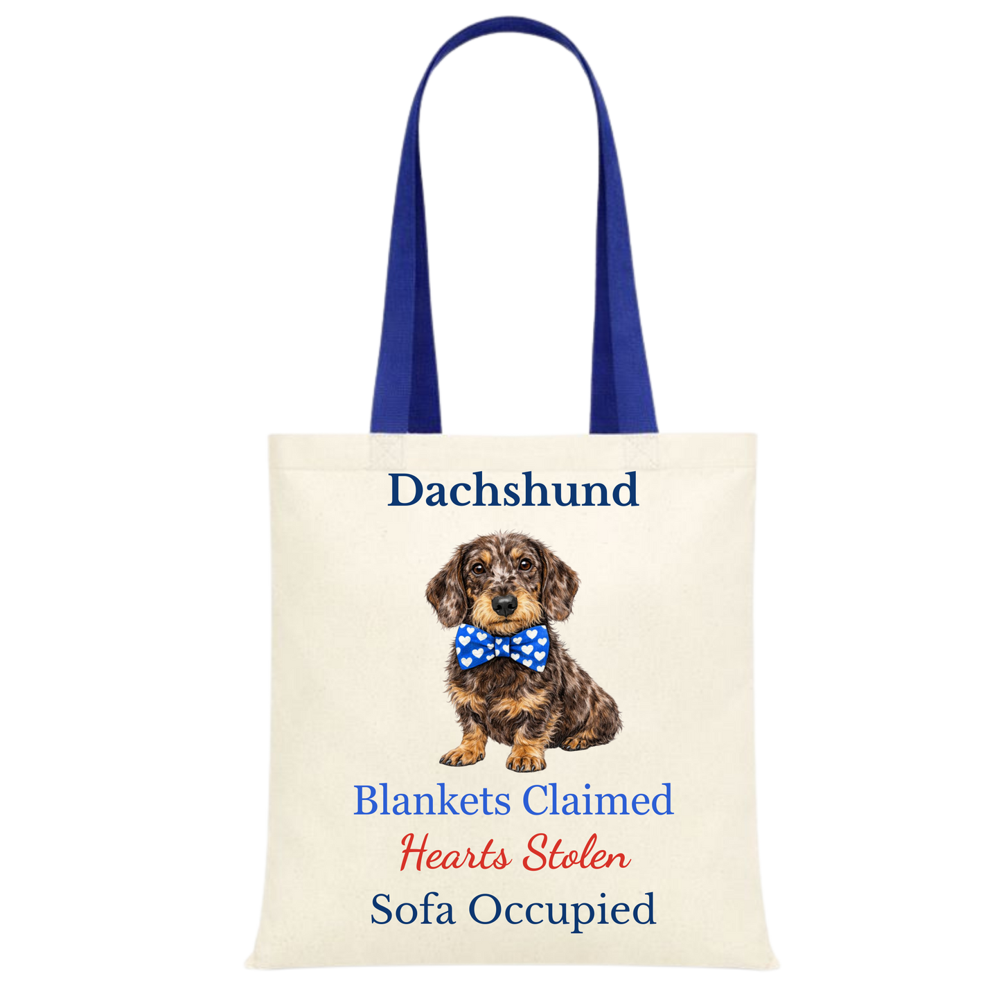 Blankets Claimed, Hearts Stolen, Sofa Occupied Blue Handle Personalised Dachshund Tote Bag - 22 options to choose from