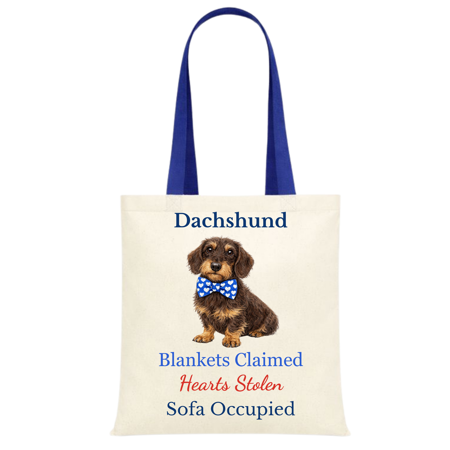 Blankets Claimed, Hearts Stolen, Sofa Occupied Blue Handle Personalised Dachshund Tote Bag - 22 options to choose from