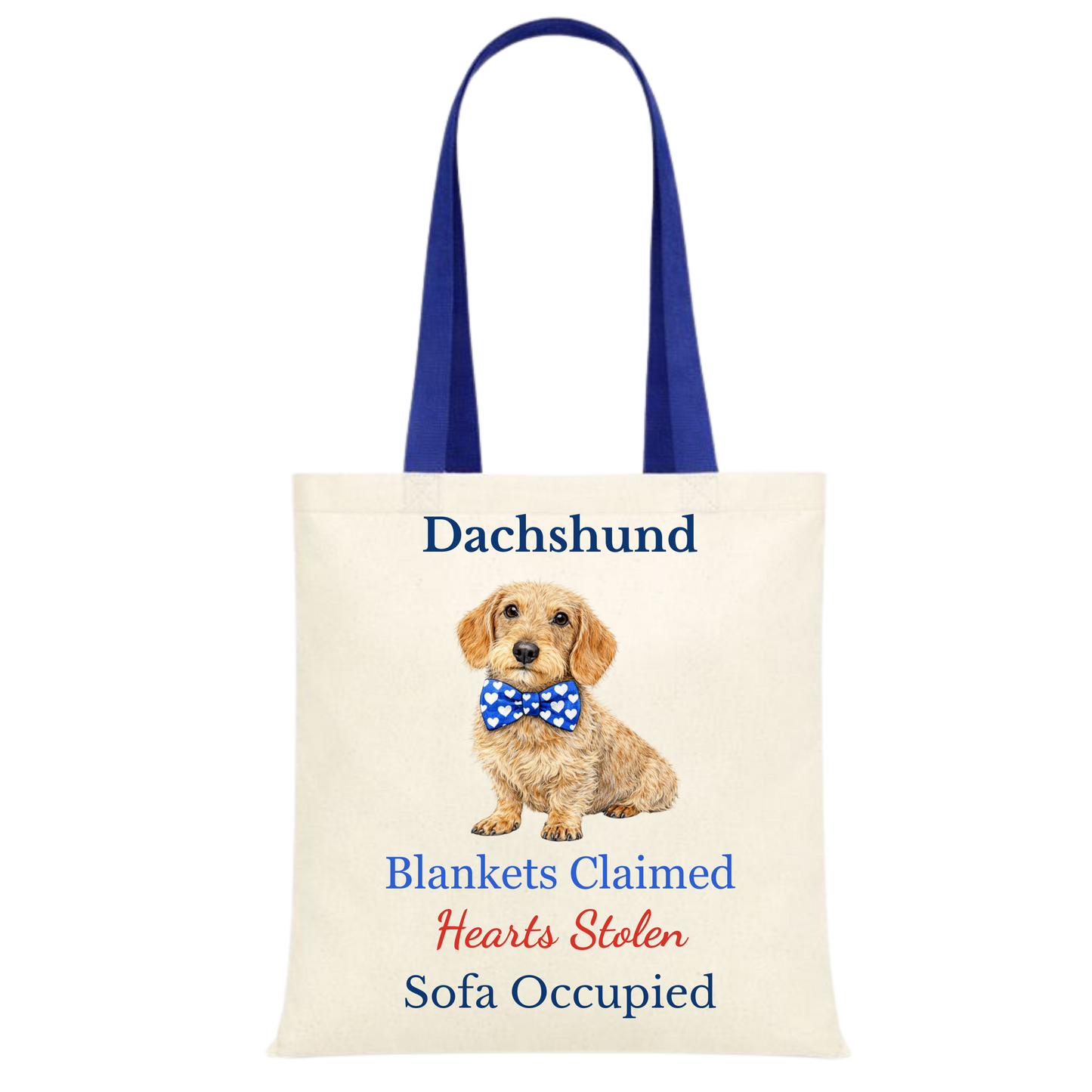 Blankets Claimed, Hearts Stolen, Sofa Occupied Blue Handle Personalised Dachshund Tote Bag - 22 options to choose from