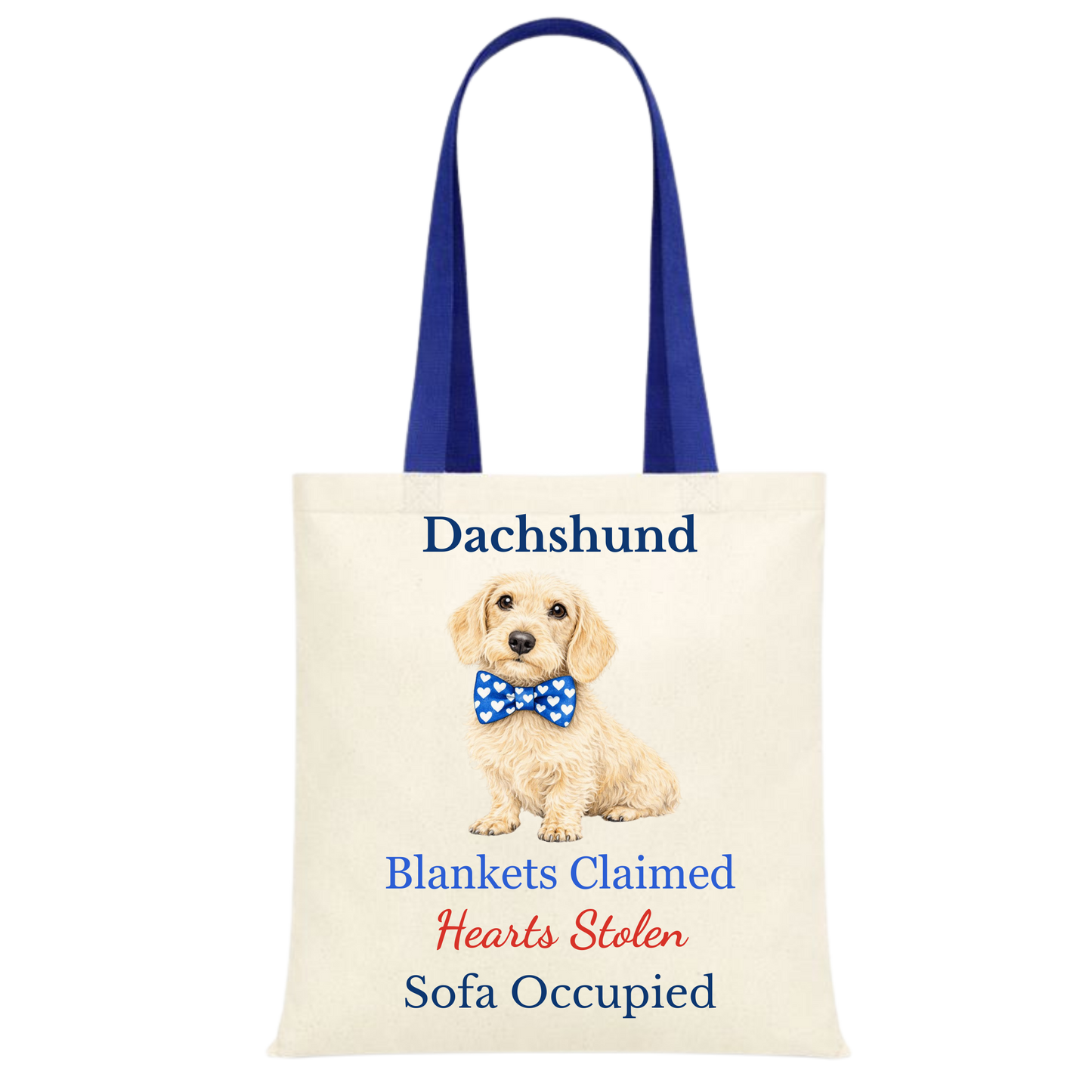 Blankets Claimed, Hearts Stolen, Sofa Occupied Blue Handle Personalised Dachshund Tote Bag - 22 options to choose from