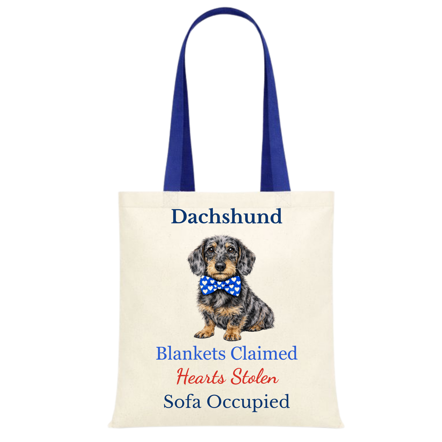 Blankets Claimed, Hearts Stolen, Sofa Occupied Blue Handle Personalised Dachshund Tote Bag - 22 options to choose from