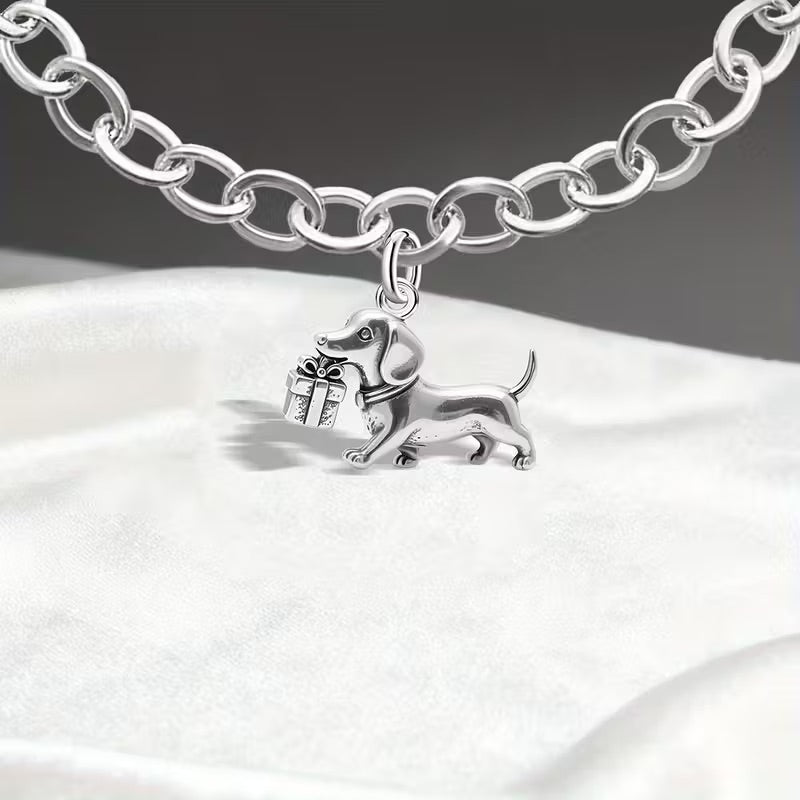 Dachshund & Present 925 Silver Plated Charm