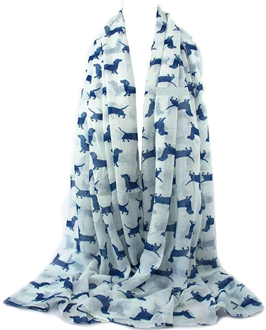 Dachshund Scarf in White with Blue Dogs