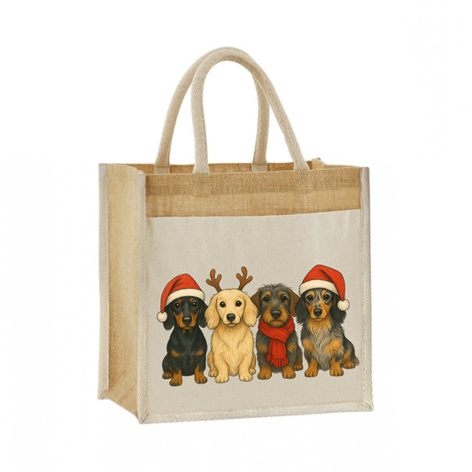 Christmas Dachshund Jute Bag with Cotton Pocket - 21 Designs to Choose From (Dispatch after 26th Nov)