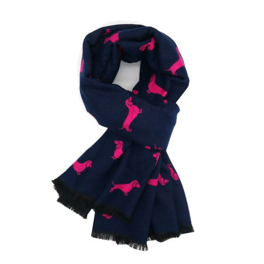 Warm Dachshund Scarf Wrap - Navy/Pink